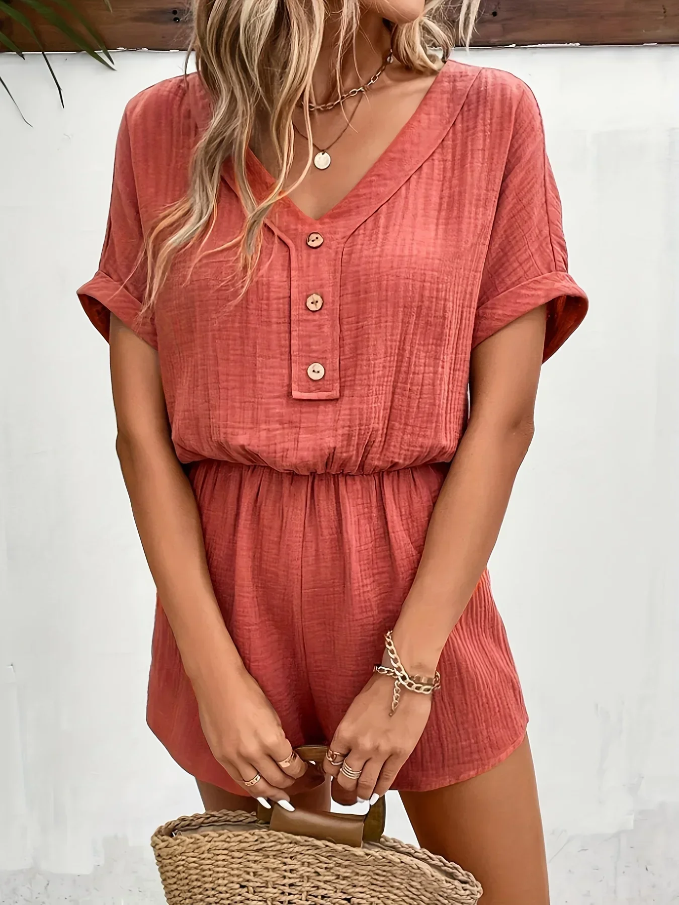 2024 Spring/Summer New Solid Color Loose Short Sleeve Button up Pocket jumpsuit