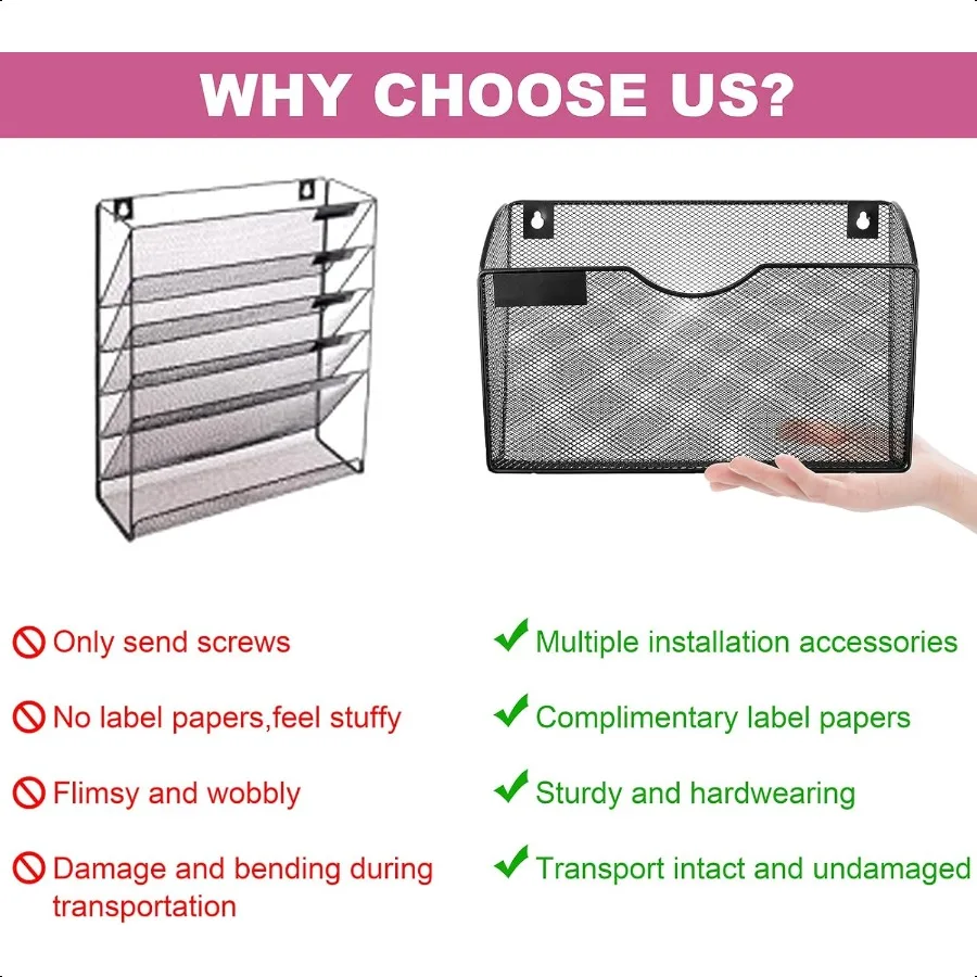 1-карманный сетчатый настенный держатель для файлов, органайзер, офисная подвесная папка для файлов, подставка для журналов, набор крючков для именных бейджей, черный