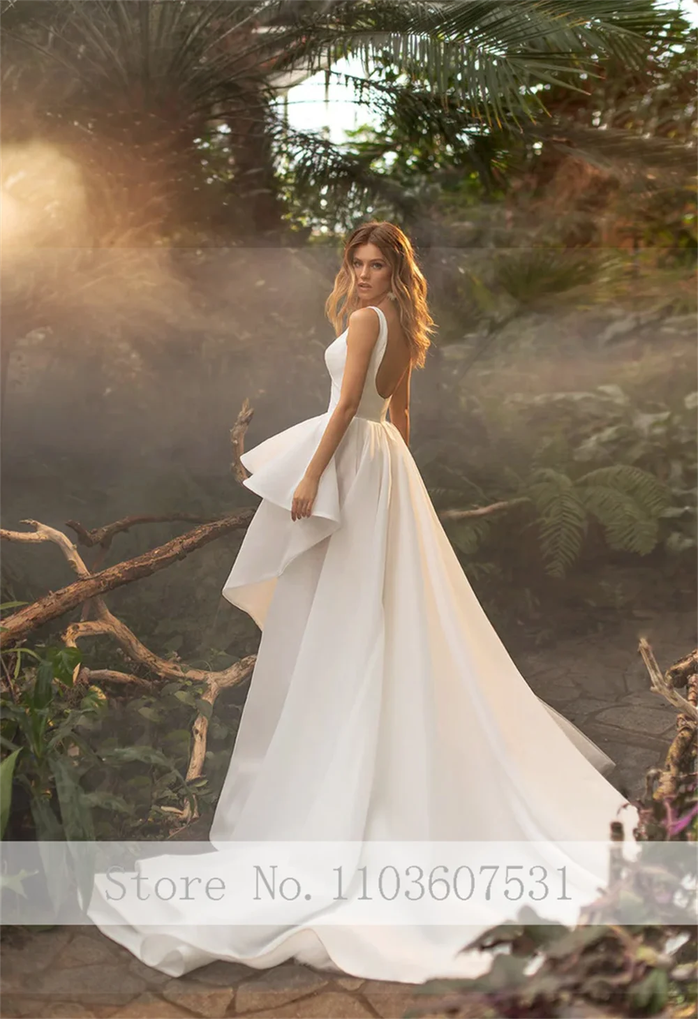 Vestido de novia de satén con tirantes finos y cuello en V para mujer, vestido de novia con volantes, línea A, Espalda descubierta, vestido de fiesta de boda