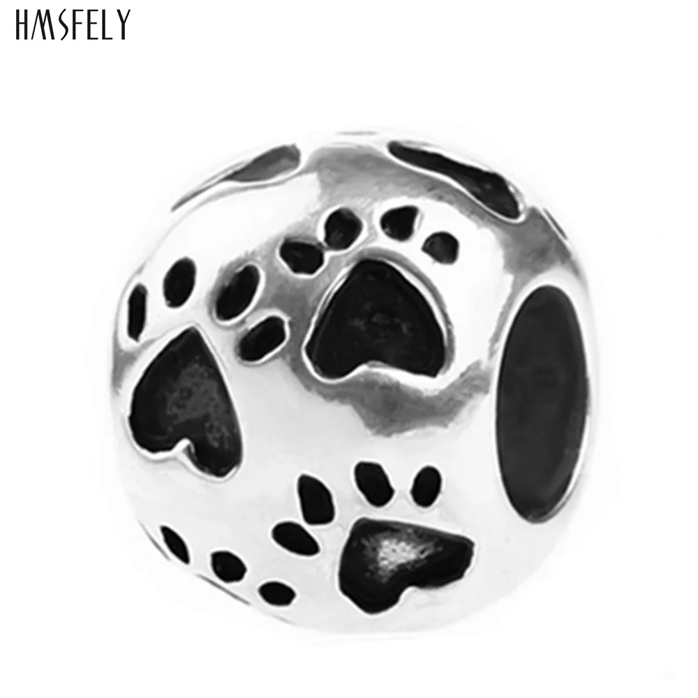 HMSFELY 316l Stainless Steel Round Ball Bead European Charm Dog Footprint Beads For DIY Bracelet Jewelry Making Accessories