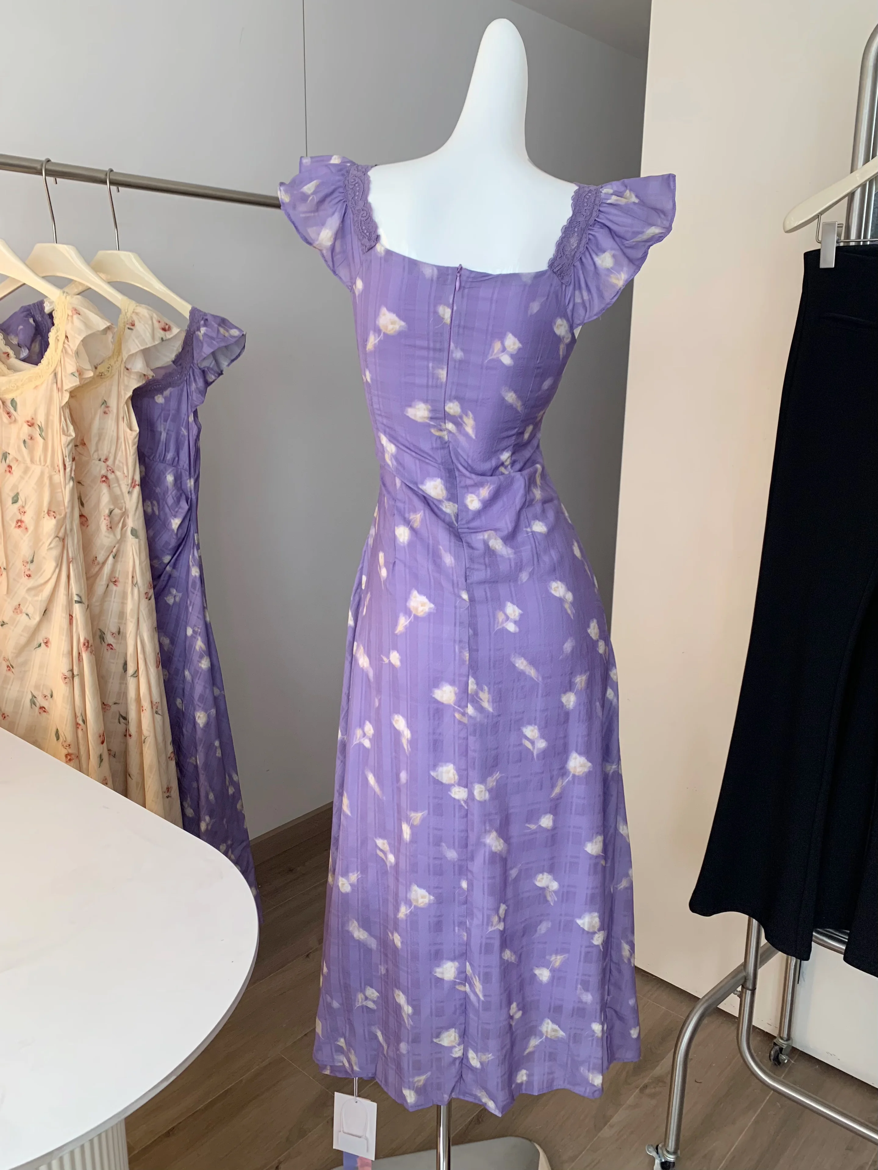 Women's Summer Lace U Neck Sleeveless Ruffles Shoulder Floral Long Sleeve Lady Elegant Slim Holiday Streetwear Dress