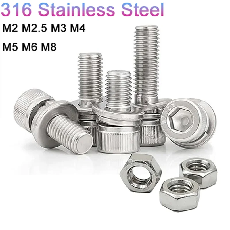 5~50Pcs 316 Stainless Steel M2~M8 Hex Socket Head Cap Screws Bolts Nuts Washer Set Allen Socket Drive Screws, Fully Threaded