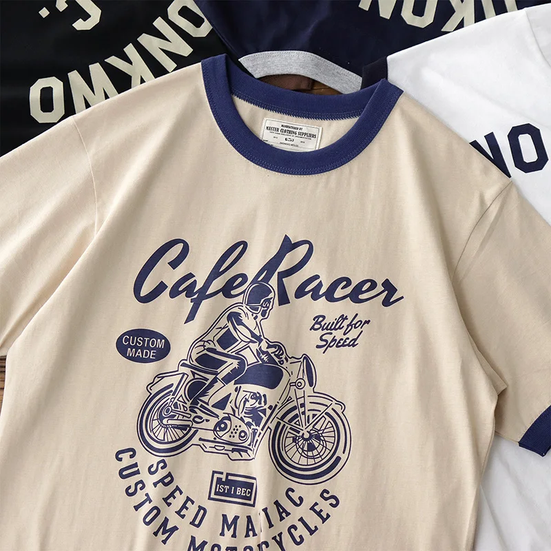 

Мужская летняя футболка Ameika Jie с принтом мотоцикла, тонкий хлопок, круглый вырез, повседневная, однотонная, в американском ретро-стиле