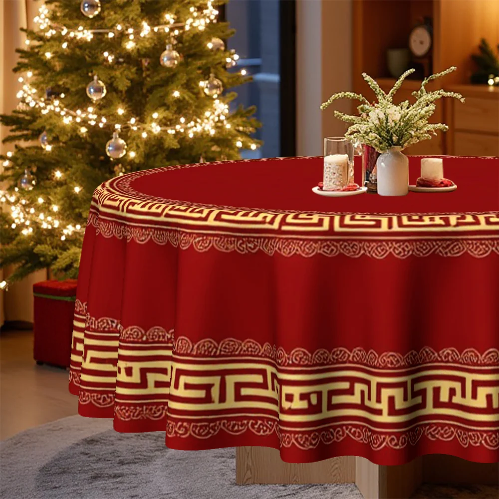 1 tablecloth, Christmas and Easter theme, festive red round tablecloth, decorated with elegant gold round pattern,