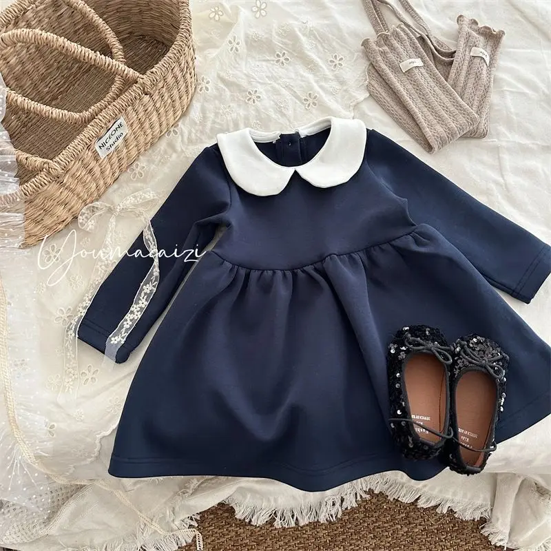 New Children Dress Baby Girls Dress Fashion Long Sleeve Pure Color Peter Pan Collar High End  Autumn