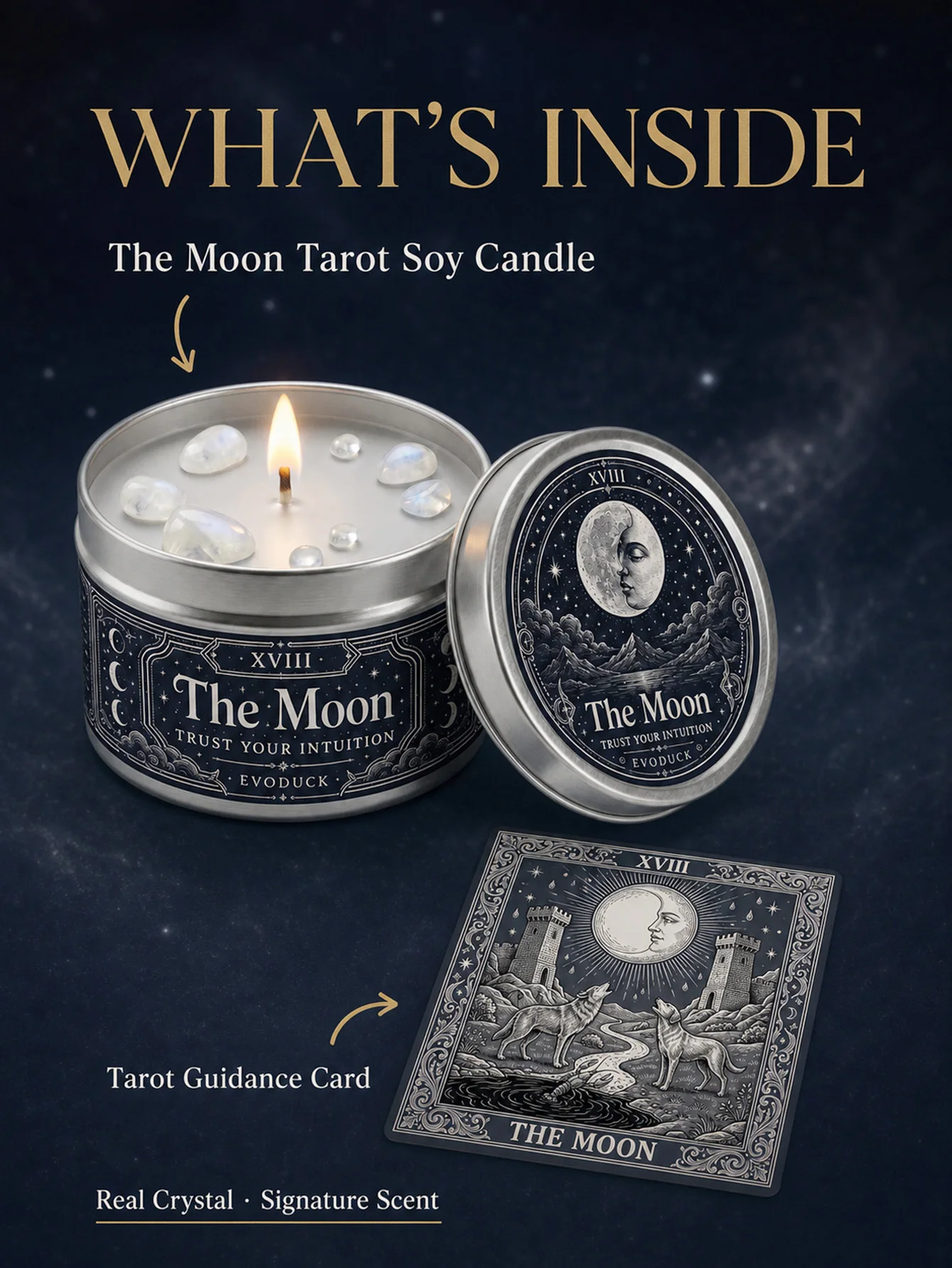 EVODUCK The Moon Tarot Candle with White Crystal Stones, Ivory Wax Scented Silver Tin Candle, Trust Your Intuition Spiritual Ritual Candle for Meditation, Moon Ritual Dream Sleep, Celestial Witchy Decor, Birthday Halloween Christmas Gift for Women