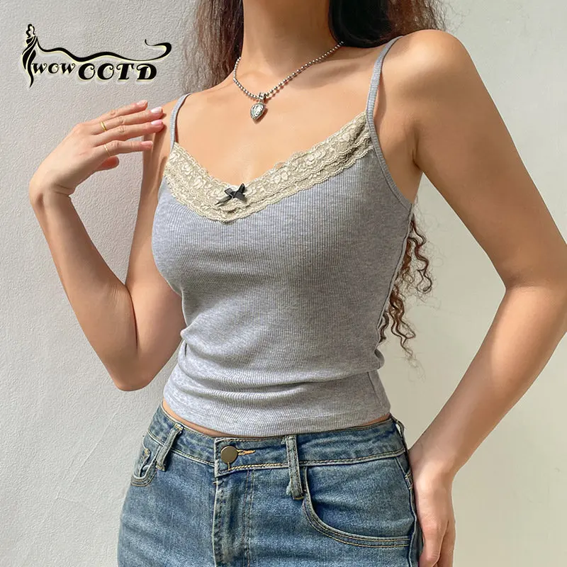 

WOWOOTD Vintage Fairycore Y2K Cami Top Patchwork Lace Grunge Cute Kawaii Aesthetic A Line Shirts Women Sleeveless Summer Tops