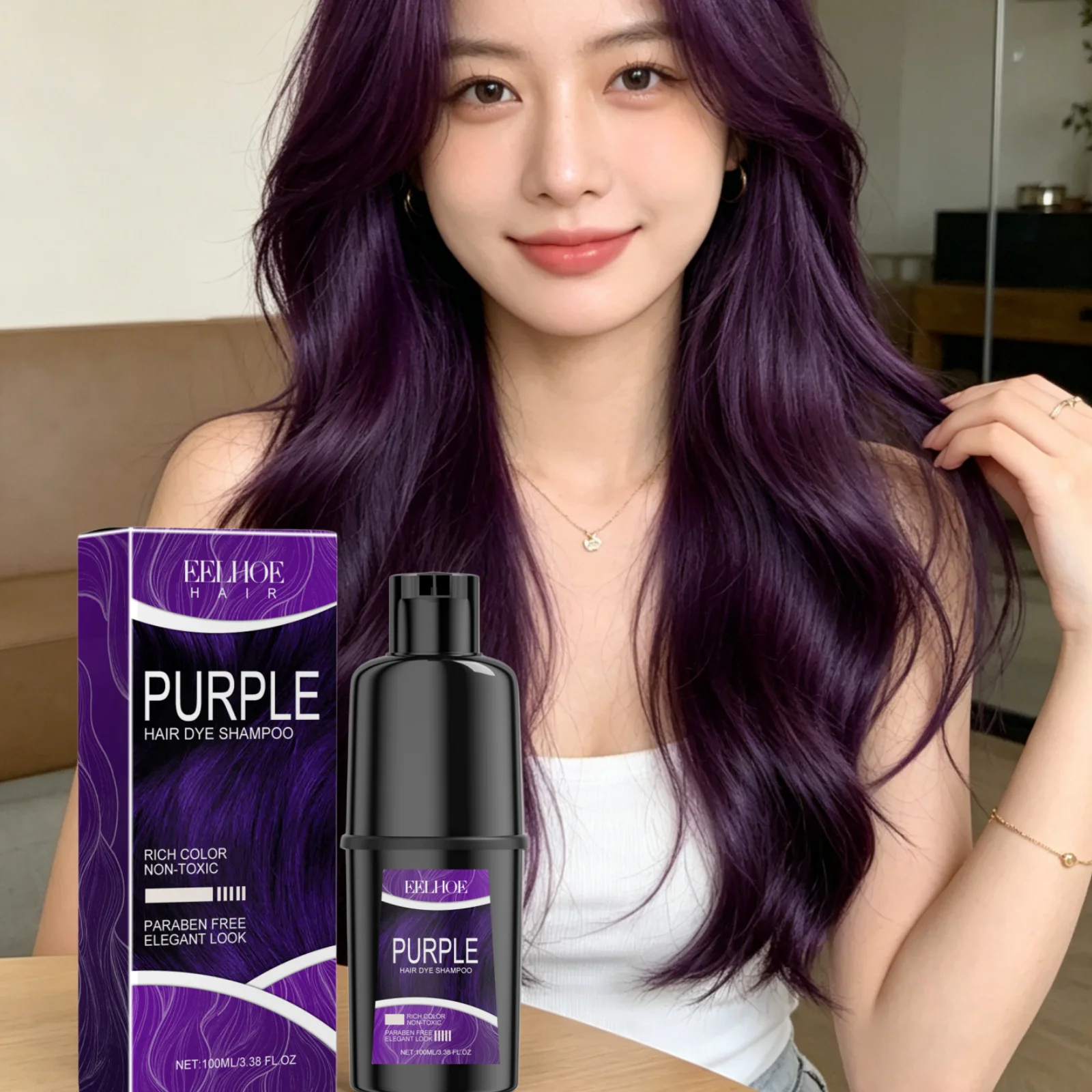 Champú Tinte para el Cabello EELHOE, Nutrición Profunda, Fortalece el Color, Control del Frizz, Fórmula Natural, Champú para un Cabello Brillante, 100 ml