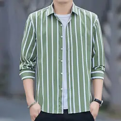 Trend Fashion Versatile New Summer Shirts Men's Polo Collar Striped Contrast Color Single Breasted Casual Slim Long Sleeve Tops