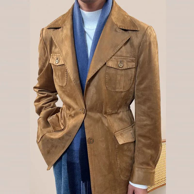 High Quality Suede Hunting Jacket For Men Business Versatile Senior Luxury Italian Coat  Lapel Top Male Trench Coat Jacket