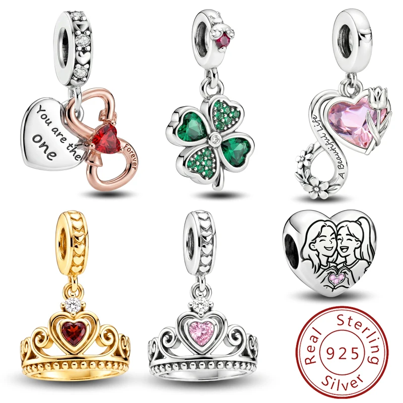 925 Sterling Silber Mode Vierblättriges Kleeblatt Krone Schwestern Charms Perlen Passend für Original Pan Armbänder Armreifen Feiner Schmuck Geschenk