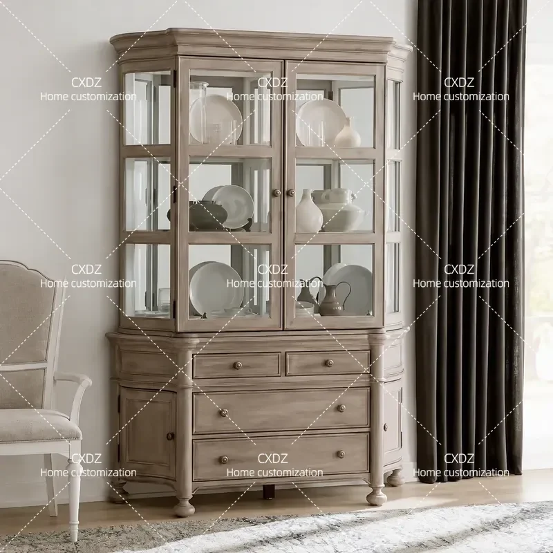 American Retro Solid Wood Glass Wine Cabinet French Double Door Dining Sideboard Living Room Multi Functional Storage