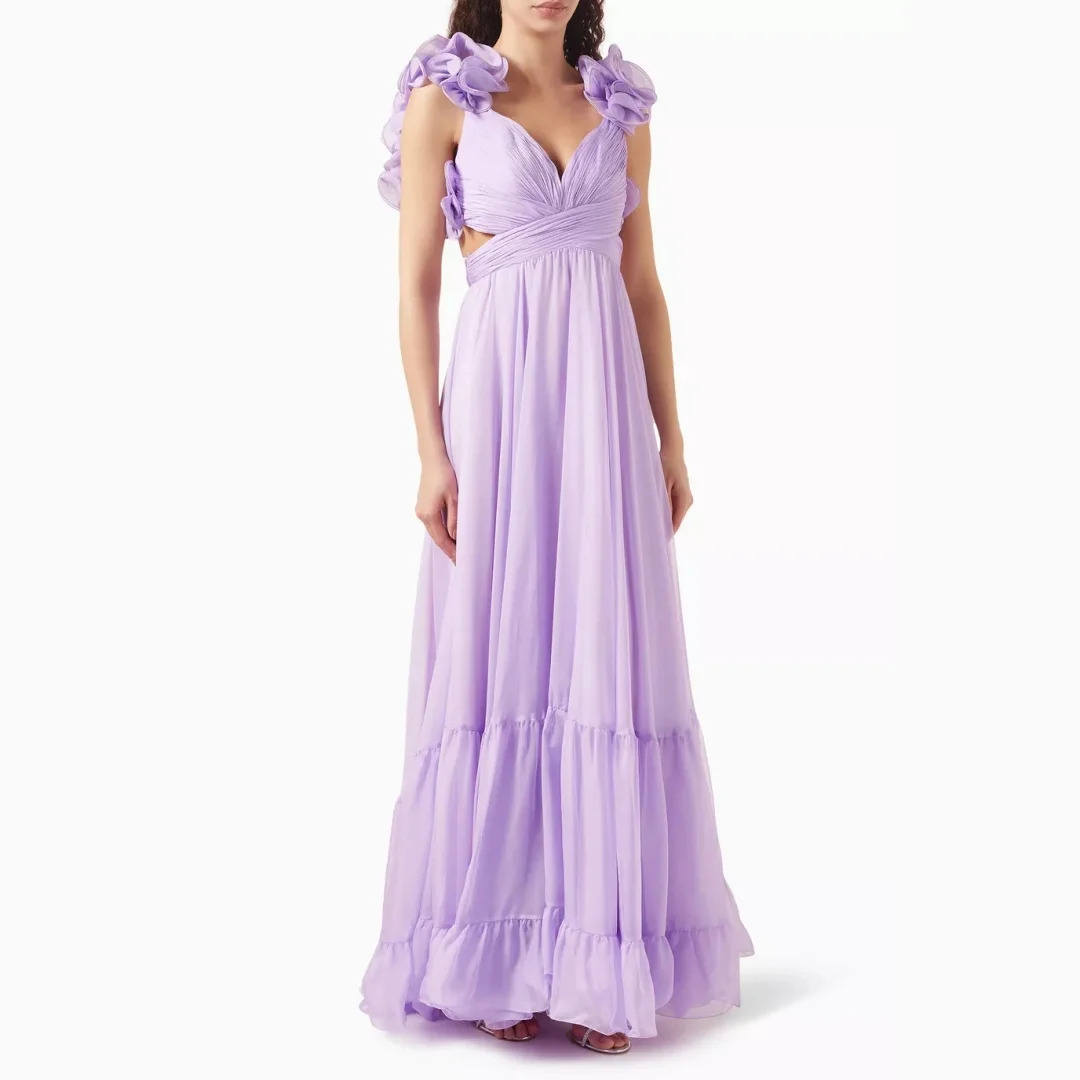 Fashion Spaghetti Straps Ruffles Evening Dresses Soft Chiffon V-neck Pleats Wedding Guest Gowns Chic Girl's Pageant Prom Dress