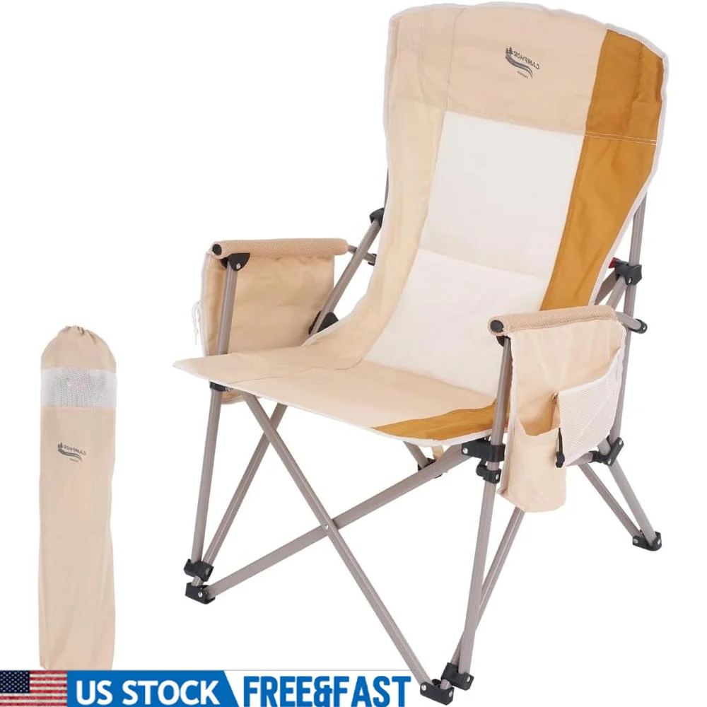 

Heavy Duty Portable Folding Camping Chair with Padded Back Support Built-in Cooler Drink Holder Side Storage Pocket Outdoor