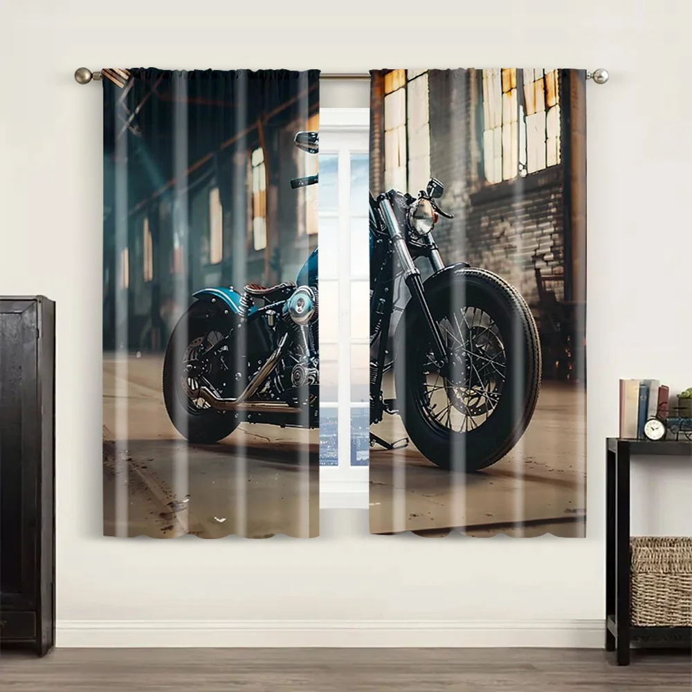 2pc,  Party Window Curtains garage motorcycle vintage retro motorcycle Light Filter Festive Backdrops Suitable for translucent