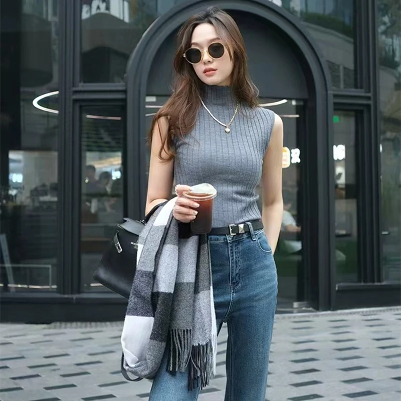 Half High Neck Knitted Vest Women Slim Sleeveless Bottoming Tank Tops