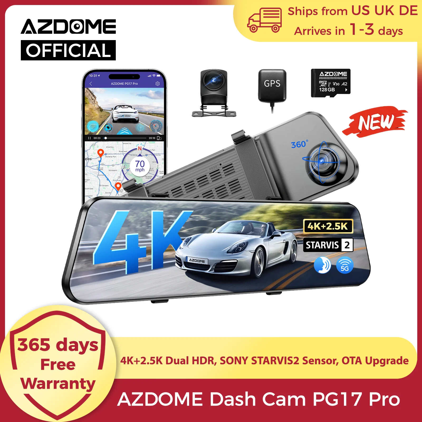 AZDOME 4K+2.5K Dash Cam PG17 Pro Dual HDR Rear View Mirror Camera SONY STARVIS2 Sensor 5G WiFi OTA Upgrade Timeline Playback