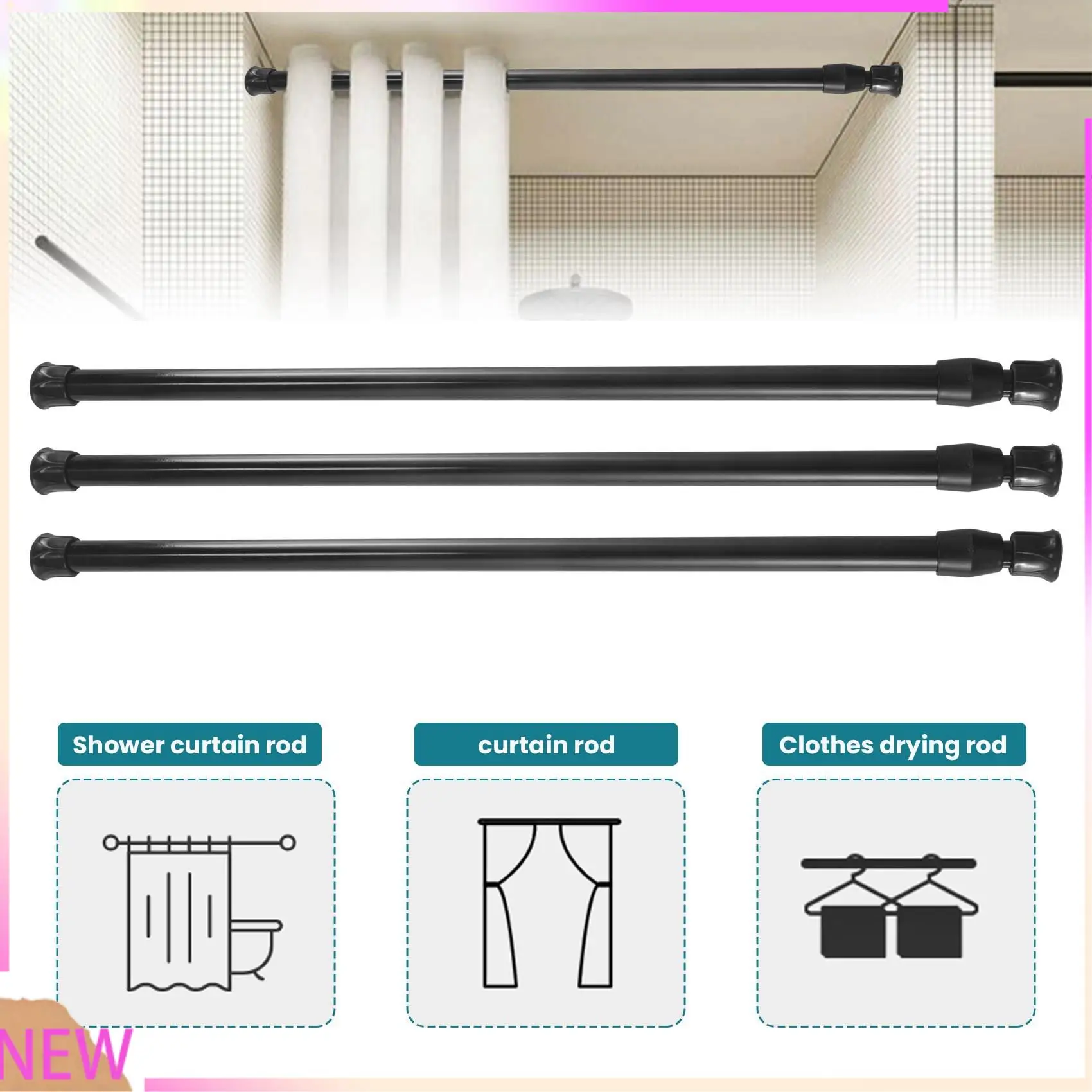 

B15C 3PCS Spring Curtain Rods 16 To 28 Inch Tension Rod Spring Curtain Rod Adjustable Curtain Rod Expandable Curtain Rod