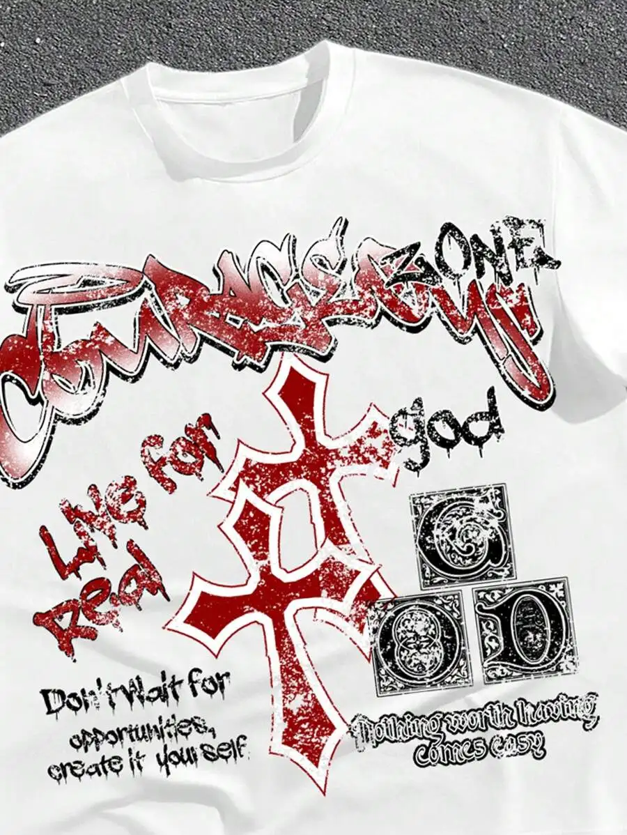 

Mens Street Style Red White Graphic Print Casual Short Sleeve T-Shirt