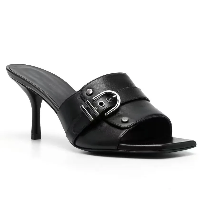 

New Square Head Open Toe Belt Buckle with Rivets Thin High Heels Fashionable One Step Step Large Size Women's Slippers