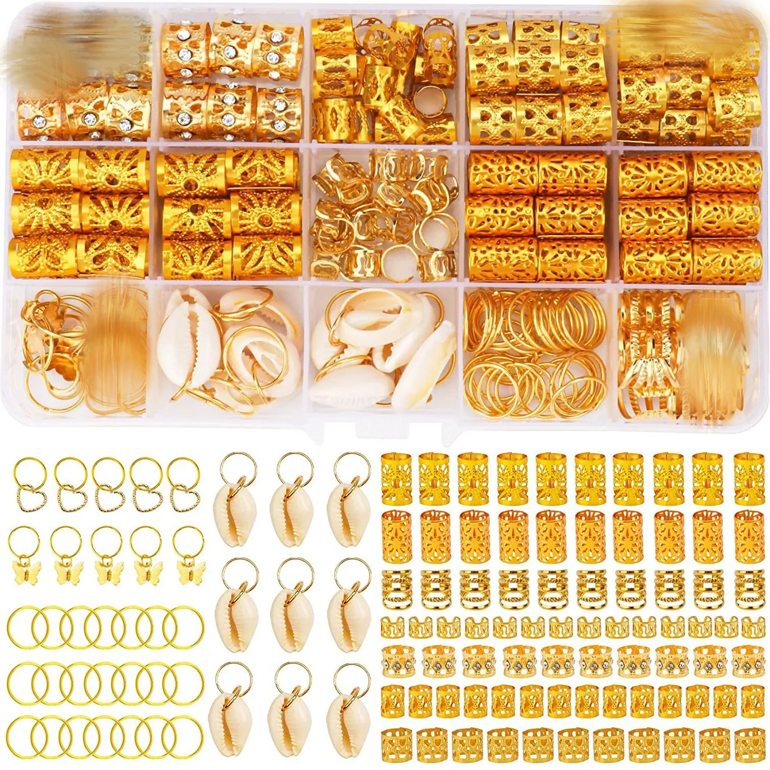 

202pcs Golden Shell and Diamond Hair Ring Set, Dreadlock Heart-shaped Pendant Hair Accessories Parts