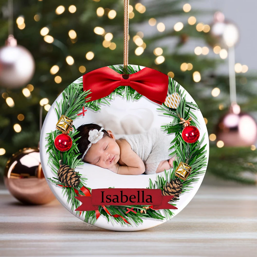 Adorno de cerámica de Navidad personalizado para bebé, colgante de adorno de Navidad con foto y nombre, accesorios de fotografía de primera Navidad para bebé