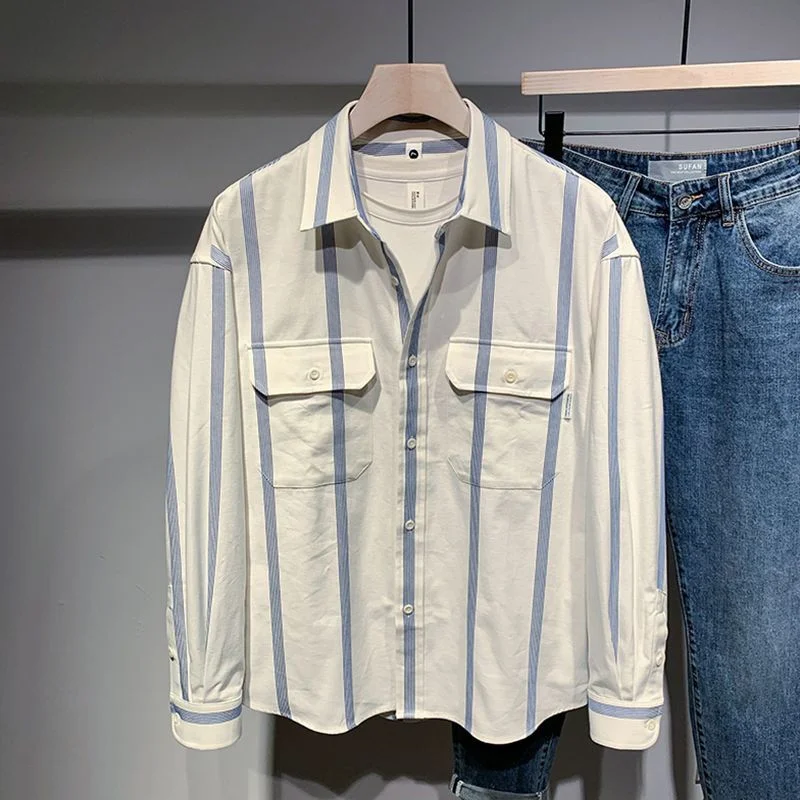 

Trendy Color Block Stripe Long Sleeve Shirt Men Loose Casual Spring