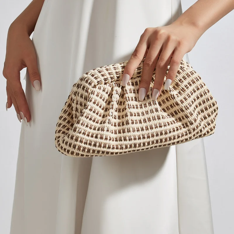 Bohemian Straw Woven Cloud Clutch Bag for Women Summer Beach Vacation Crossbody Shoulder Bag