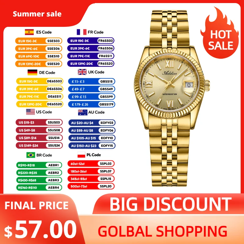 Addies New Luxury Ladies Watch Elegant Fashion 316L Stainless Steel BGW9 Super Luminous 585 Quartz Movement Waterproof Watches