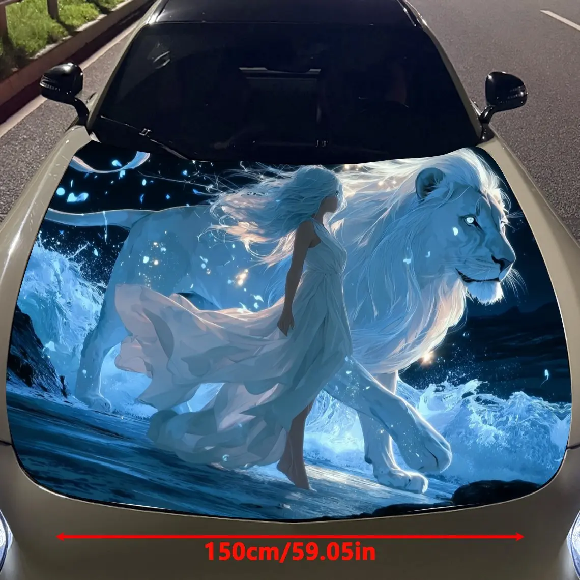 Phantom Blue Lion and Woman in White Car Vinyl Wrap, PVC Material Waterproof Car Hood Sticker, Self-Adhesive Scratch-Resistant S