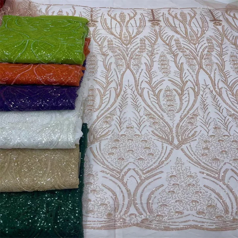 Green African Sequins Beads Lace Fabric 2024 White 5 Yards High Quality French Mesh Tulle Embroidery Wedding Bridal Lace