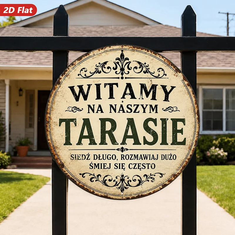 2D Flat, 1pc Polish Terrace Welcome Round Metal Sign Wall Art, Witamy Na Naszym Tarasie Quote, Home Decor, Ideal for Dining Room