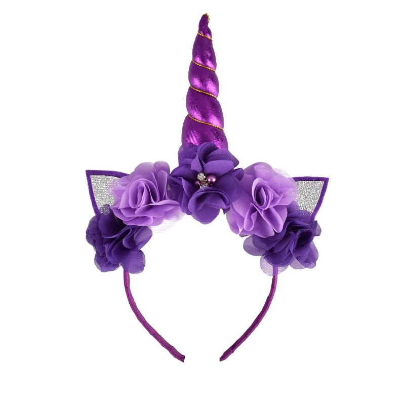 Purple Unicorn Headband, Glitter Cat Ear Flower Headband for School Plays Birthday Party Halloween Cosplay Costume Accessories