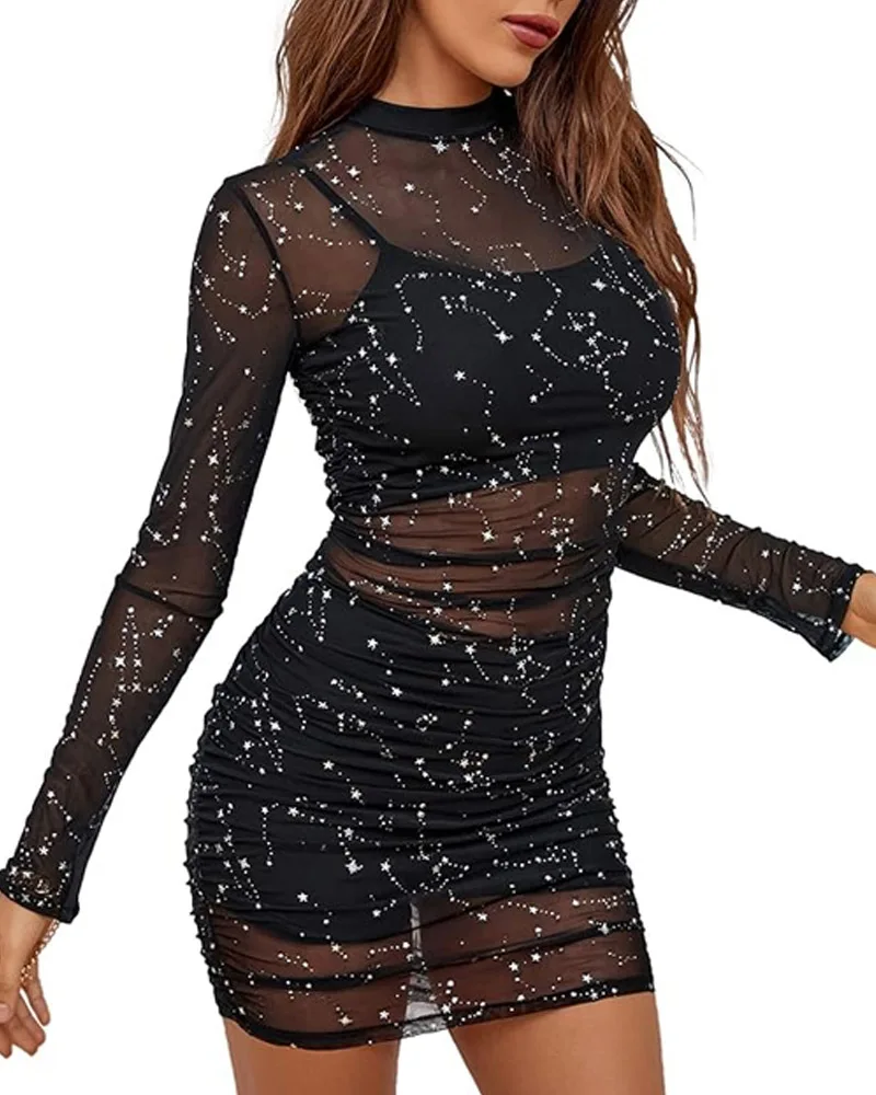 3-piece women's sparkling sequin long sleeved transparent mesh slim fit dress paired with crop top and tight shorts