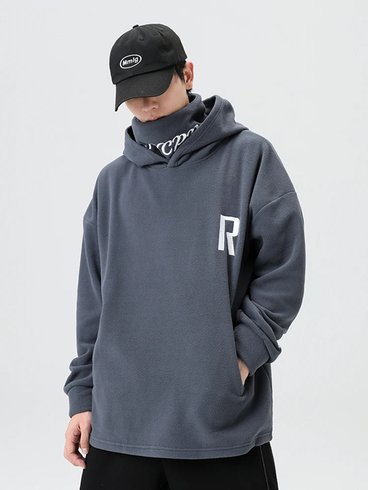 

2022 Fall/Winter Polar Fleece Warm Hoodies Men Streetwear Letter Embroidery Oversizd Hood Sweatshirts Loose Pullover Hoody Tops