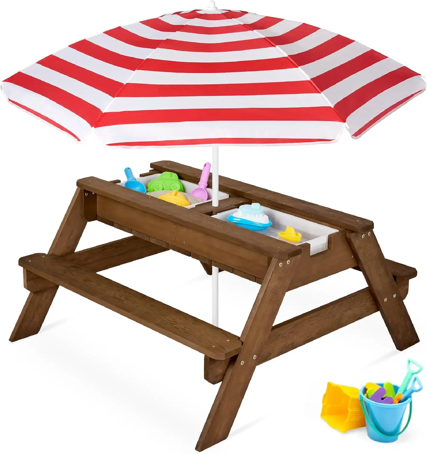 Kids 3-in-1 Sand & Water Table, Wood Outdoor Convertible Picnic Table w/Umbrella, 2 Trays, Removable Top - Walnut/Red