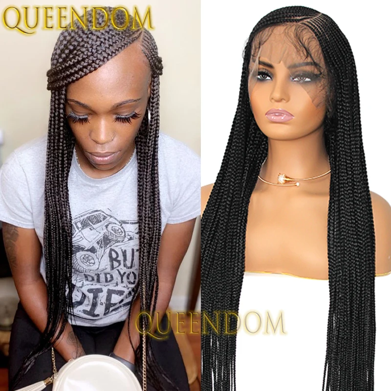 Full Lace Synthetic Box Braid Wig 36 Inch Natural Side Part Braided Goddess Wig for Afro Women Knotless Cornrow Plait Braids Wig