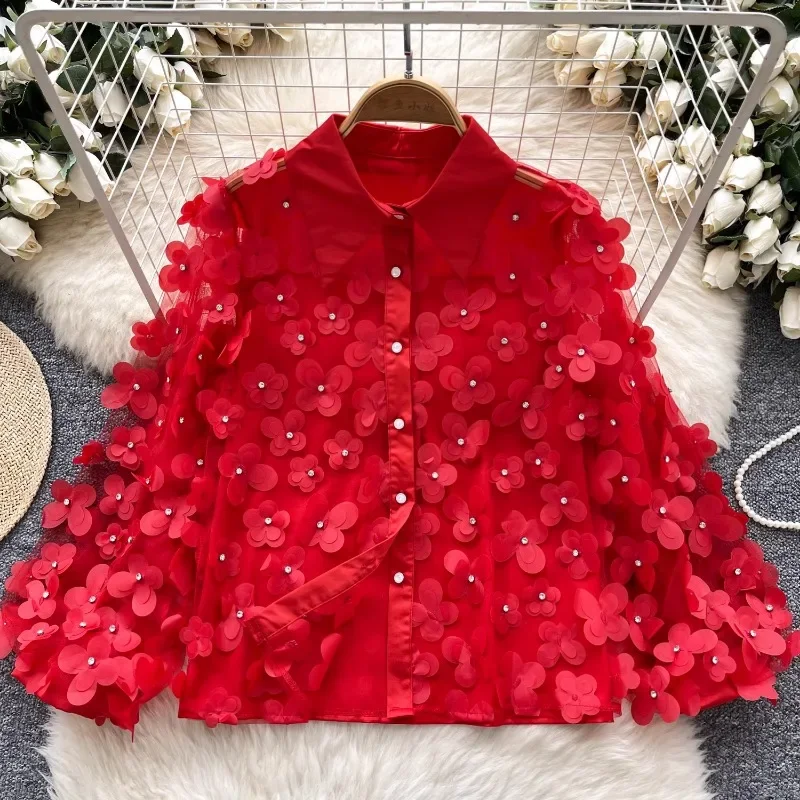 2025 Spring New Vintage French Women Clothing Blusas Mujer Turn Down Collar Beading High Grade Blouses Stereo Flower Chic Shirts