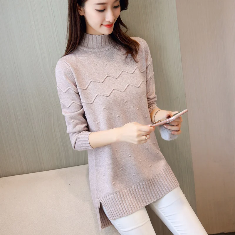 

Loose Knitted Mid-Length f-High Collar Sweater Women's Base irt Sweet Sle Moisture ng Acrylic Blend Long Sve