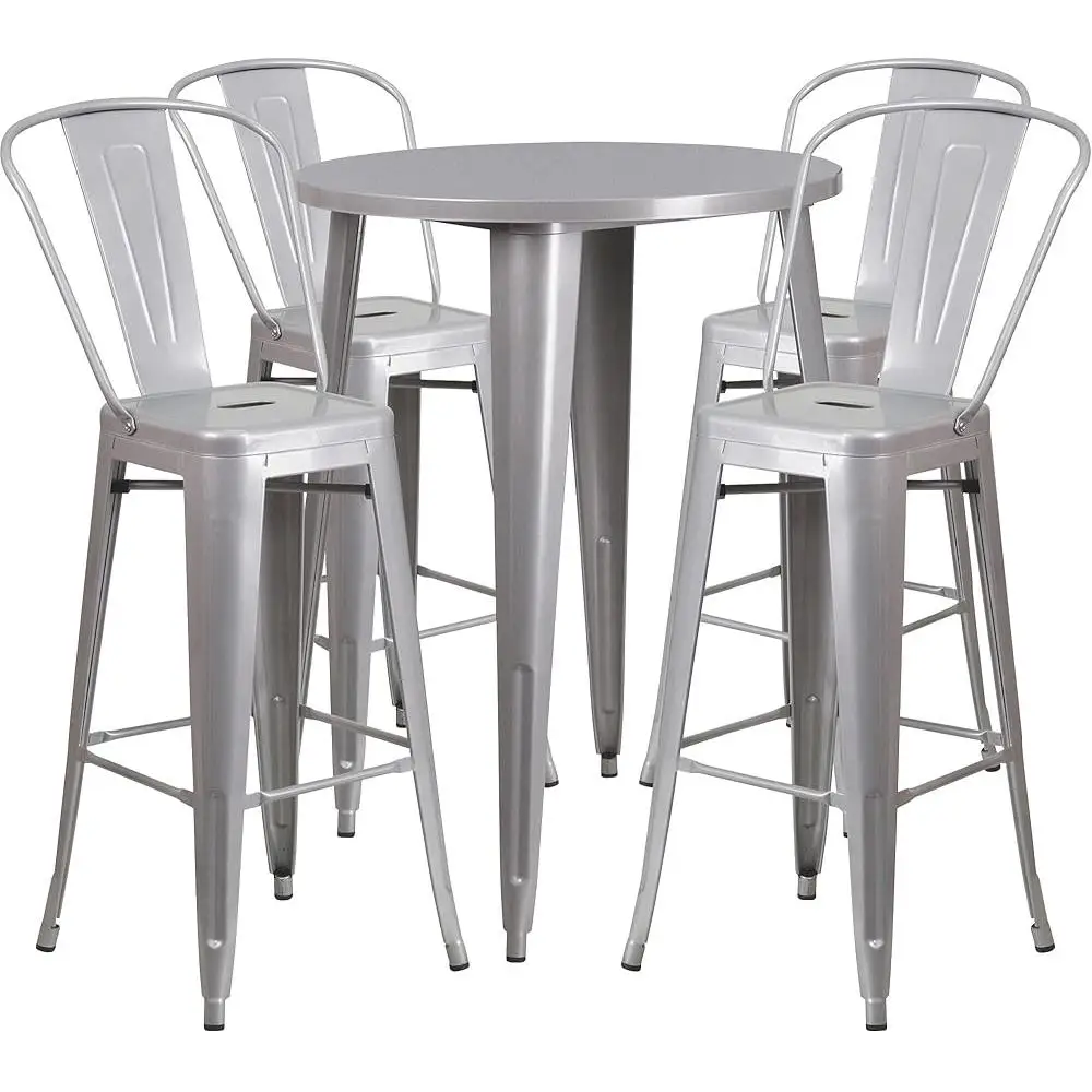 Conjunto de mesa de bar redonda de metal prateado de 30 polegadas com 4 bancos de café Construção resistente para jantar interno e externo perfeito