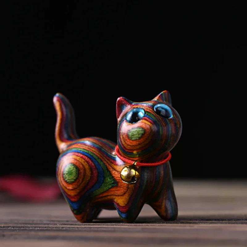 Rainbow Wood Carving Cat Sculptures Cat Ornaments Cute Colored Wooden Cat Desktop Office Accessories Home Decor Gift Souvenirs