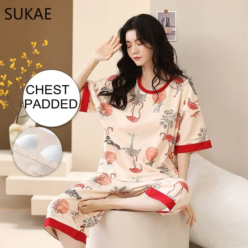 Sukae-女性用コットンパジャマセット,パッド入りベスト,カジュアルパンツ,七分袖,ショーツ,夏