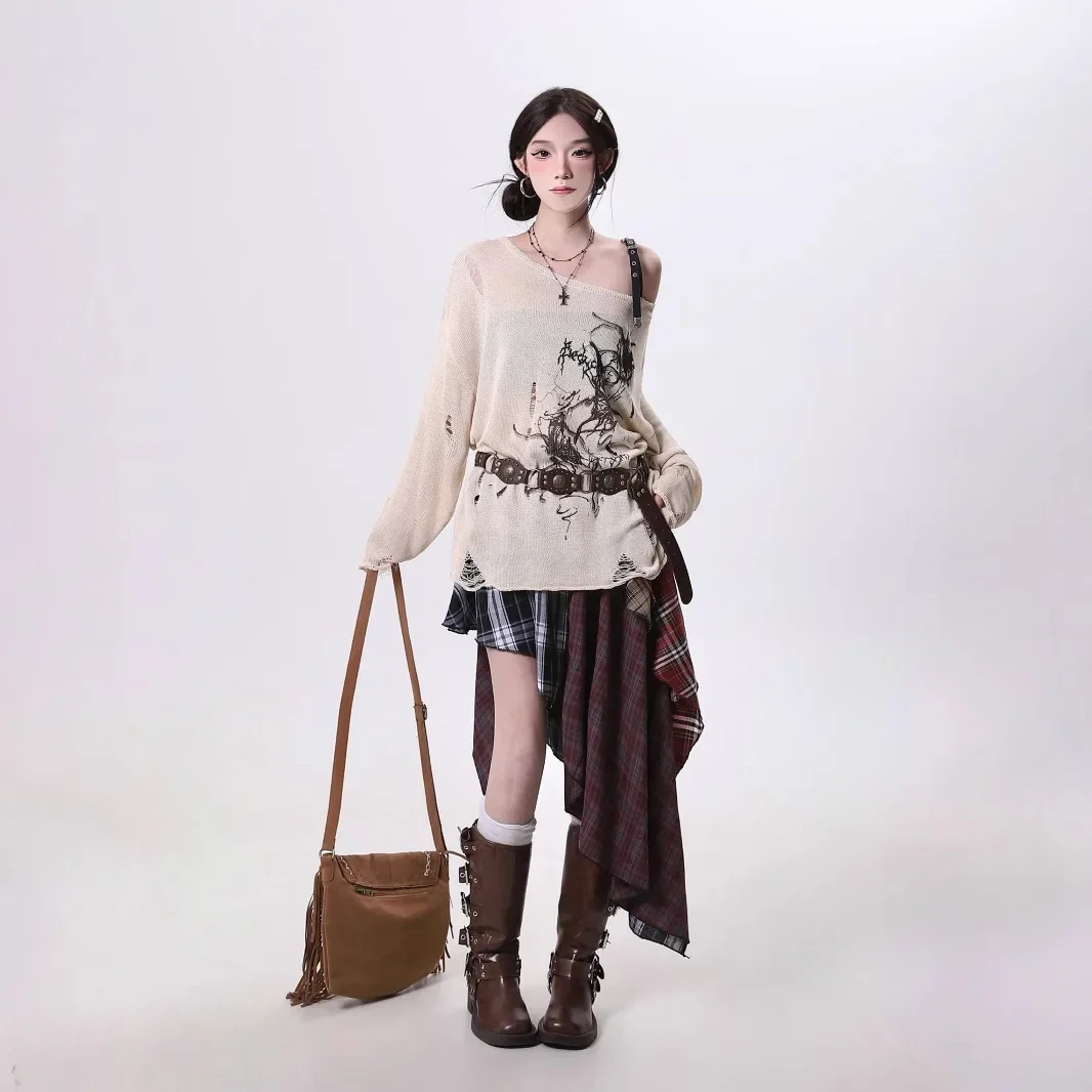 تنورة ريترو منقوشة غير متماثلة، تنورة قصيرة Y2K جمالية عالية الخصر بطيات مع نمط رياضي #1