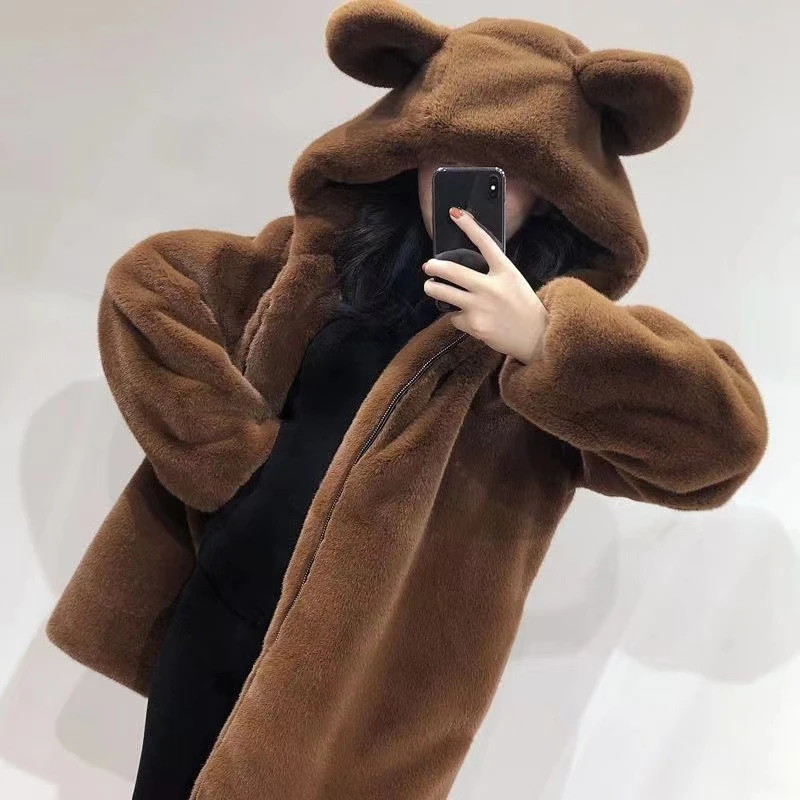 New Bear Ears Cute Sweatshirt Loose Fleece-Lined Thickened Plush Mid-Length Zipper Jacket White Black Brown Women's Winter