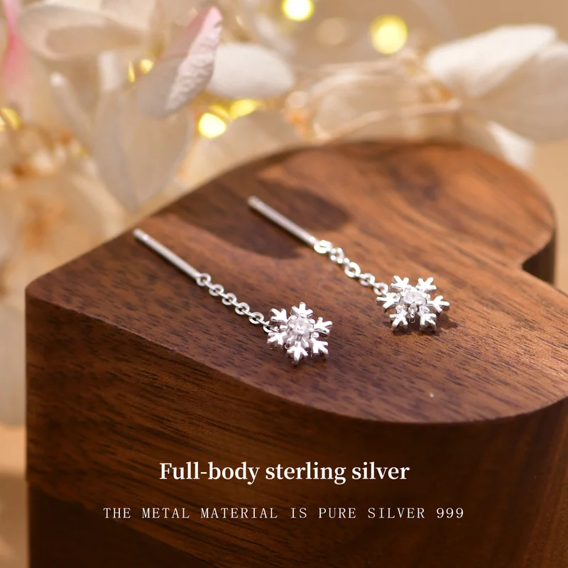999 Fine Silver Snowflake Threader Earrings Minimalist Chic Short Tassel Cartilage Piercing Niche High-End Screw-Back Stud