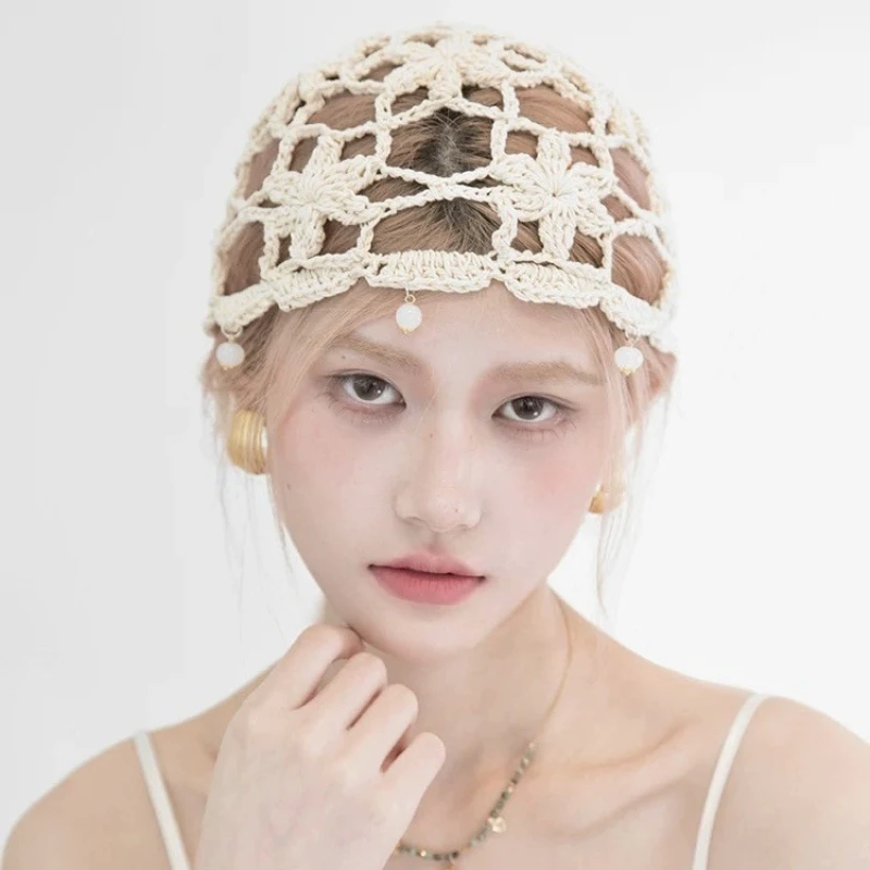 Women'S Multi-Color Crochet Hollow Knit Headscarf Hat With Pearl Charm Stretchy Pull-On Hat Vintage Breathable Elegant Headscarf