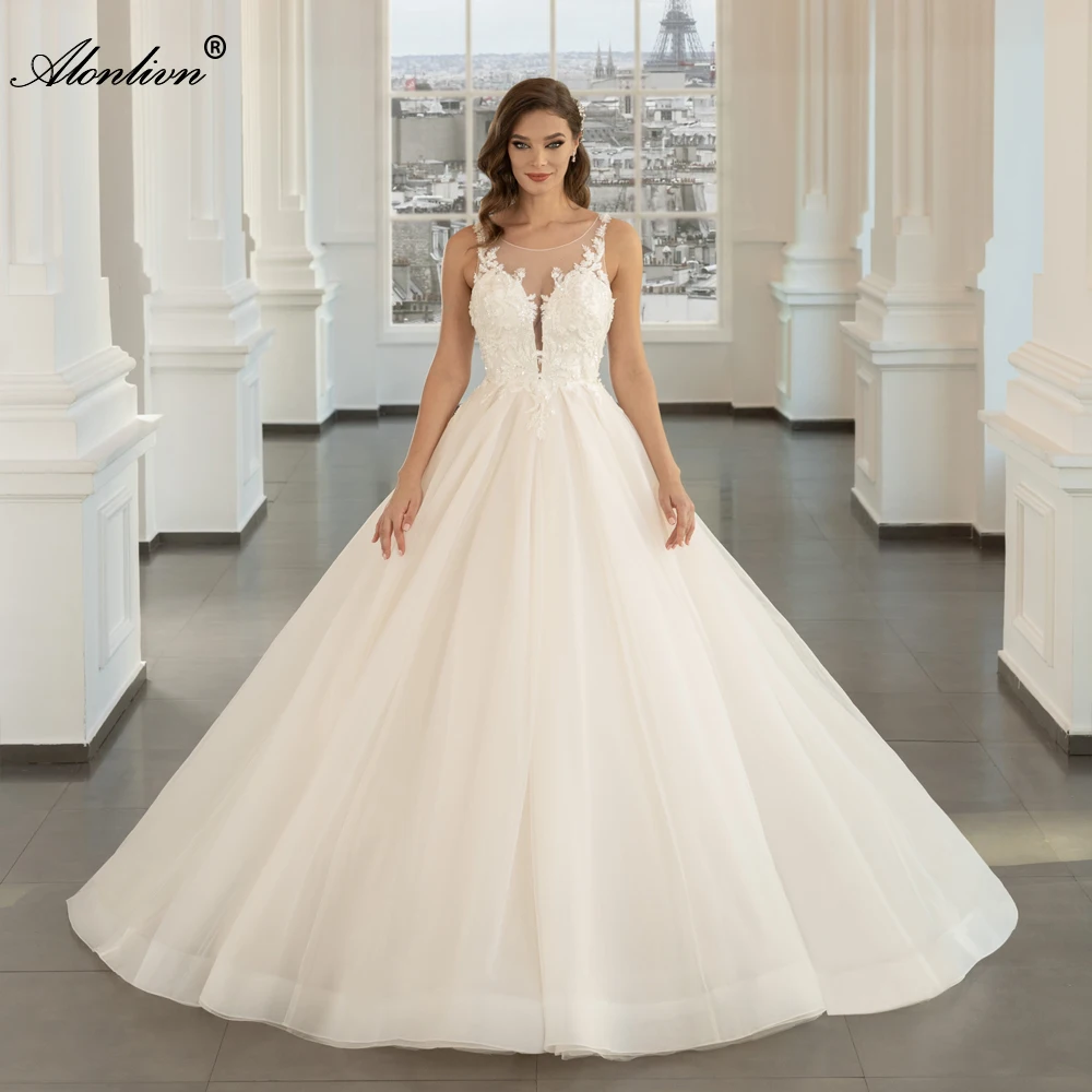 

Alonlivn Elegant Beading Pearls O-Neck Wedding Dresses Novias Sleeveless Appliques Lace A-Line Bridal Gowns