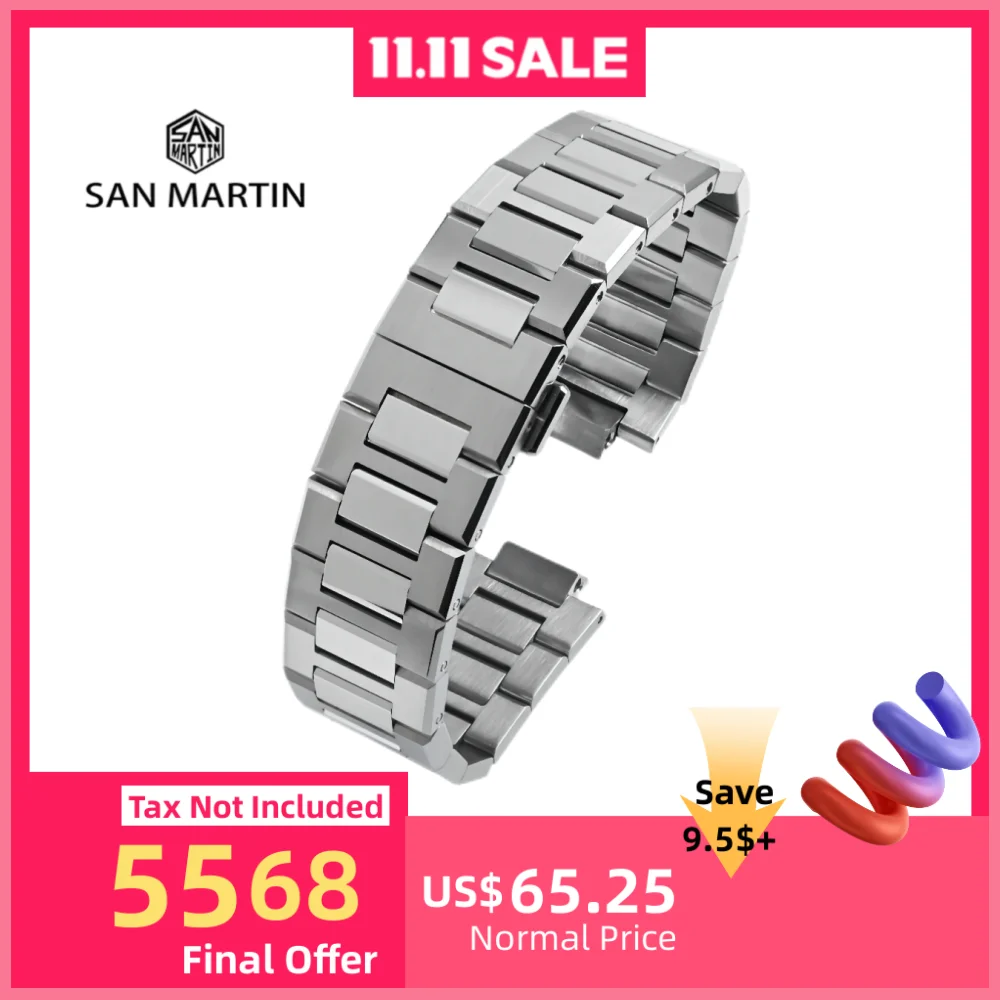 

San Martin Solid 3-Link 316L Stainless Steel Bracelet Screw Design Watchband 20mm With Butterfly Clasp Waterproof SN0026