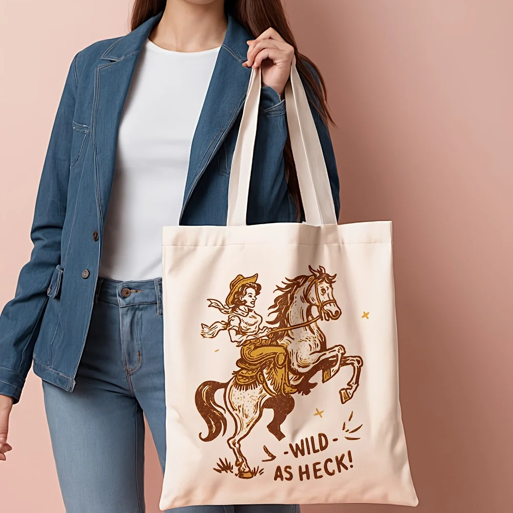1pc Cowgirl Riding Horse Tote Bag - Western Ranch Design with Cowgirl & Horse, Beige & Brown Vintage Western Art - Durable Polye
