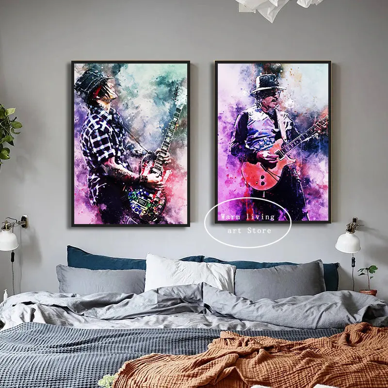 Vintage Guitar Colorful Women Play Saxophone Guitarist Musician Painting Canvas Print Music Rocker Poster Living Room Home Decor